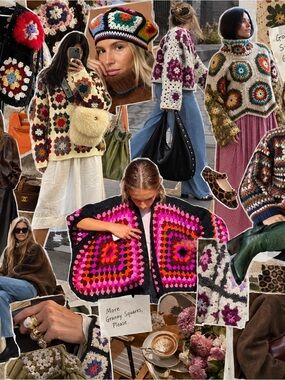 Black Crochet Granny Square Poncho  Floral Boho Y2K 70s Festival Cape